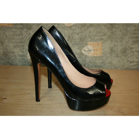 Petit Cadeau Black Patent Open Toe Pumps 12 /43 - Picture 1 of 6